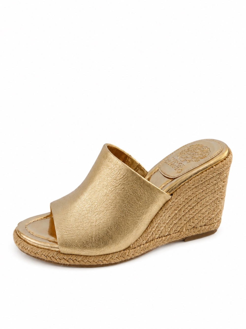 VINCE CAMUTO Gold Metallic Leather Fayla Wedge Sandal NWOB - Picture 2 of 9